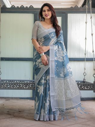 Indigo Blue Floral Linen Cotton Saree with Geometric Border