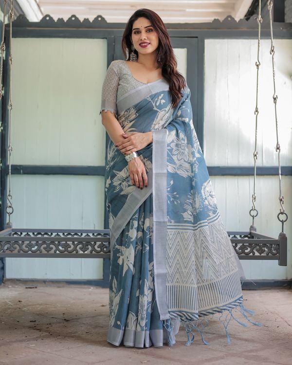Indigo Blue Floral Linen Cotton Saree with Geometric Border