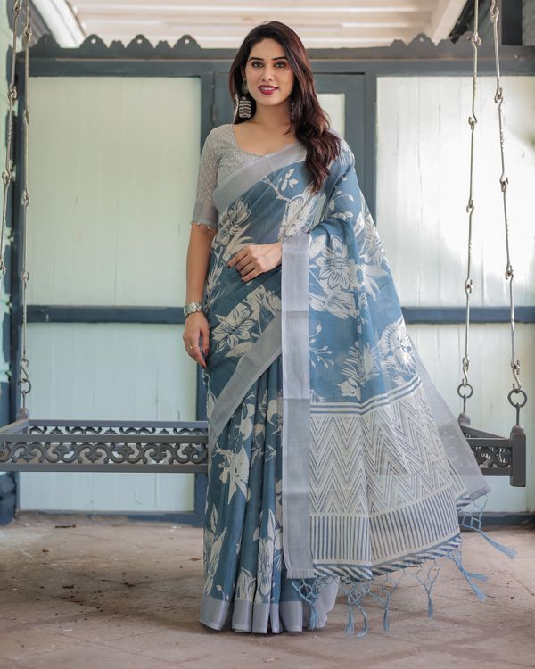 Indigo Blue Floral Linen Cotton Saree with Geometric Border