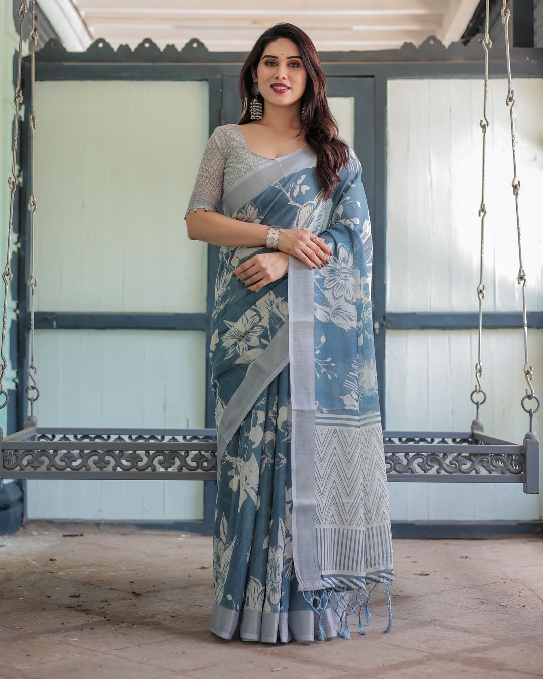 Indigo Blue Floral Linen Cotton Saree with Geometric Border