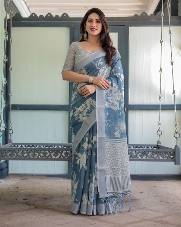 Indigo Blue Floral Linen Cotton Saree with Geometric Border