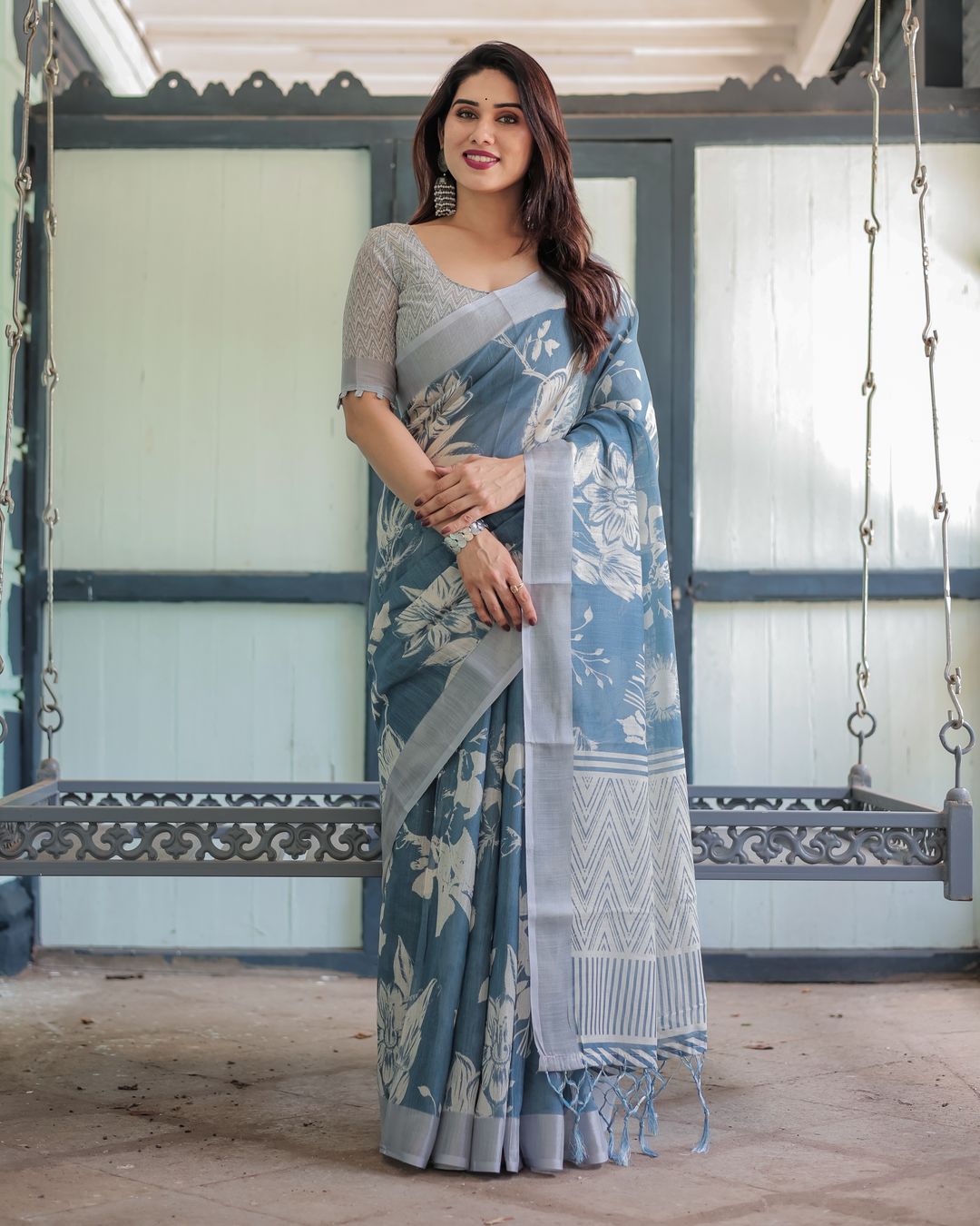 Indigo Blue Floral Linen Cotton Saree with Geometric Border