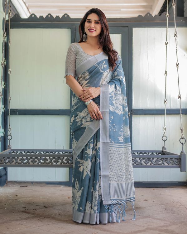 Indigo Blue Floral Linen Cotton Saree with Geometric Border