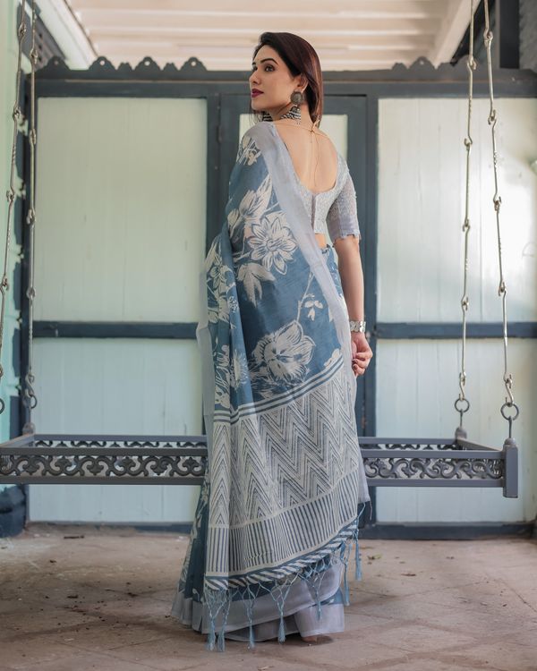 Indigo Blue Floral Linen Cotton Saree with Geometric Border