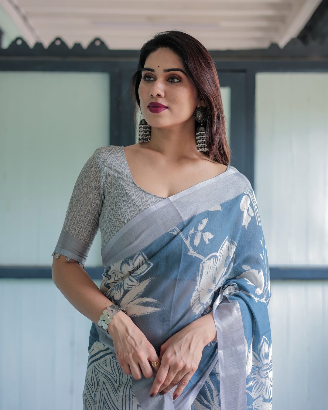 Indigo Blue Floral Linen Cotton Saree with Geometric Border