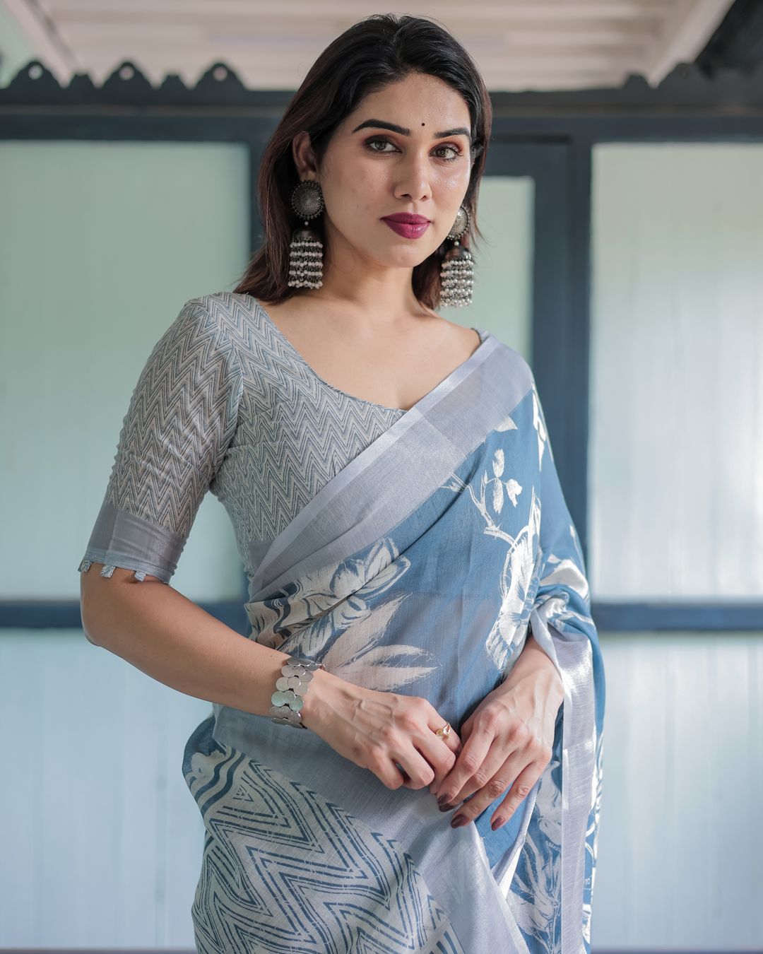 Indigo Blue Floral Linen Cotton Saree with Geometric Border