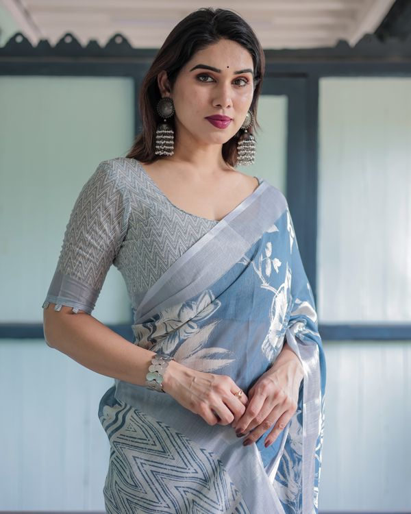 Indigo Blue Floral Linen Cotton Saree with Geometric Border