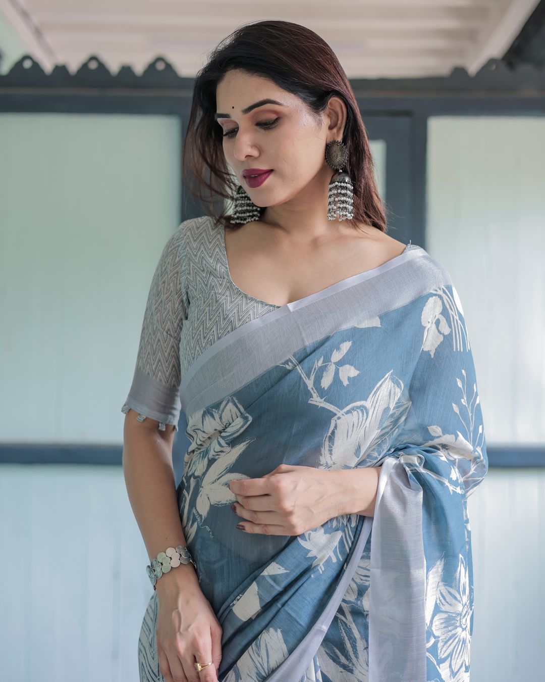 Indigo Blue Floral Linen Cotton Saree with Geometric Border