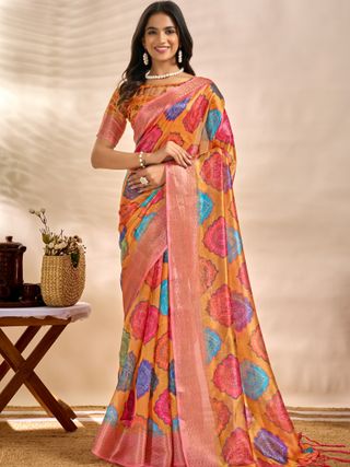 Mustard Orange Linen Cotton Saree with Multicolor Floral Print