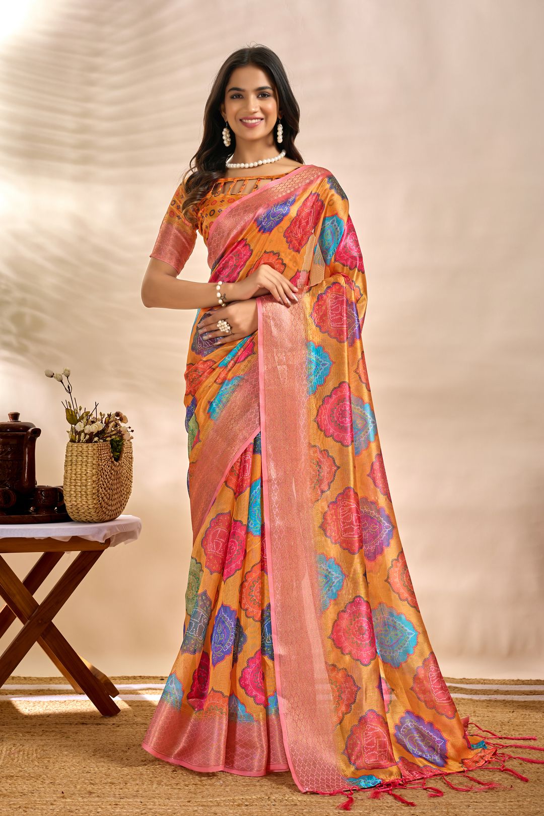 Mustard Orange Linen Cotton Saree with Multicolor Floral Print