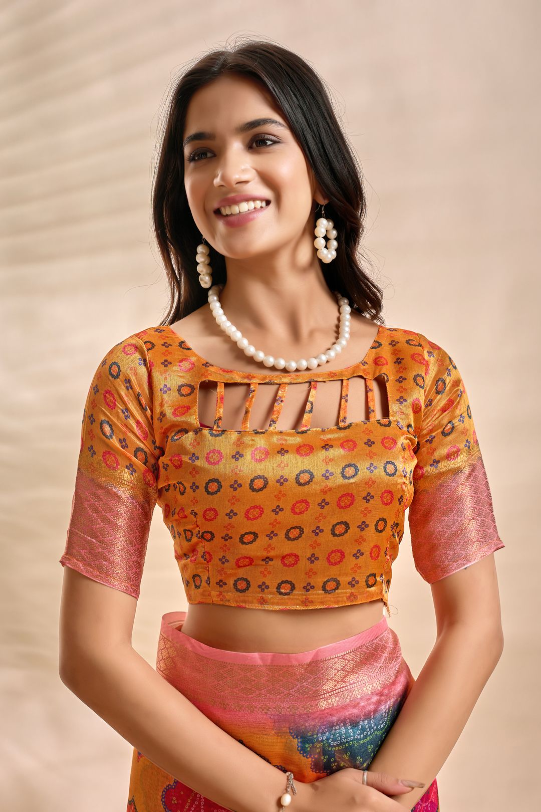 Mustard Orange Linen Cotton Saree with Multicolor Floral Print