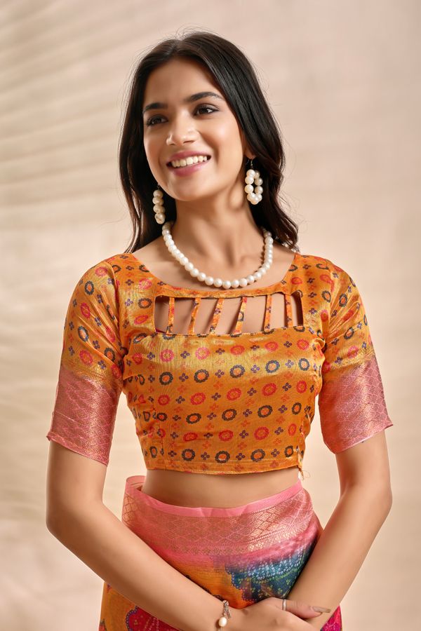 Mustard Orange Linen Cotton Saree with Multicolor Floral Print