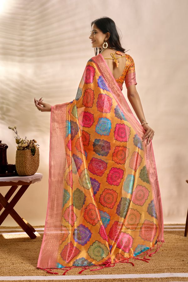 Mustard Orange Linen Cotton Saree with Multicolor Floral Print