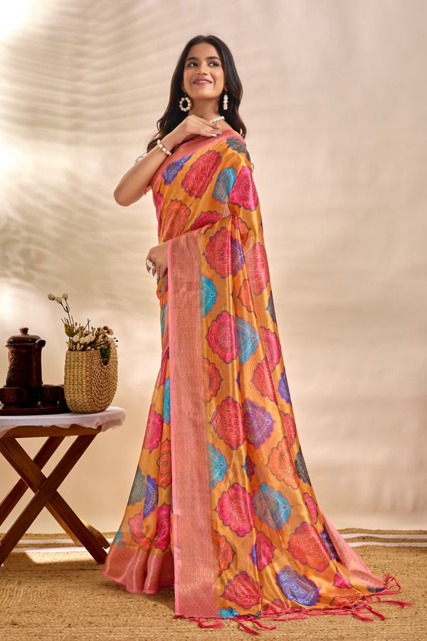 Mustard Orange Linen Cotton Saree with Multicolor Floral Print