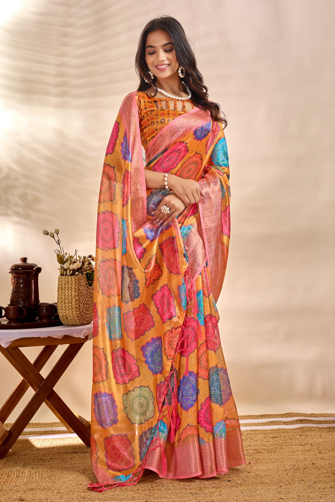 Mustard Orange Linen Cotton Saree with Multicolor Floral Print
