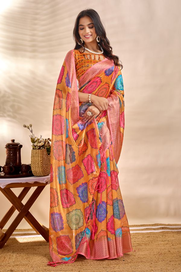 Mustard Orange Linen Cotton Saree with Multicolor Floral Print