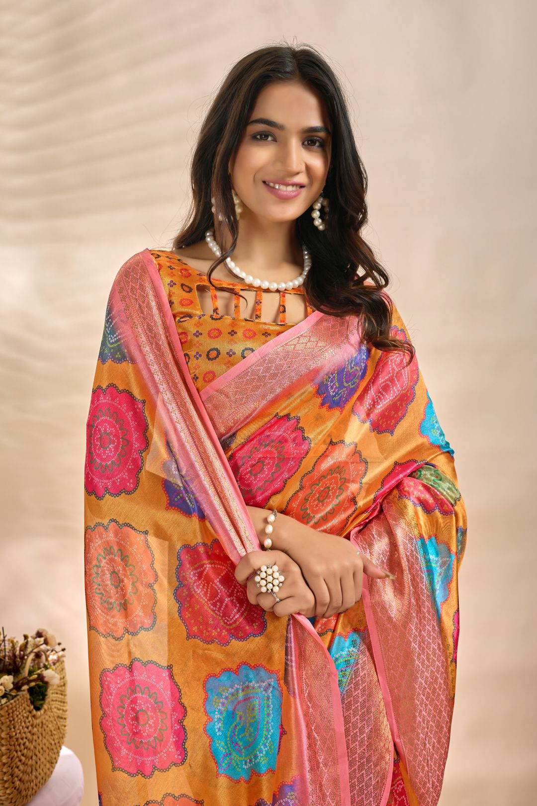 Mustard Orange Linen Cotton Saree with Multicolor Floral Print