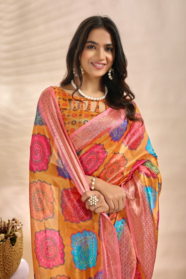 Mustard Orange Linen Cotton Saree with Multicolor Floral Print