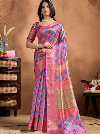 Pink Multicolor Geometric Print Linen Cotton Saree