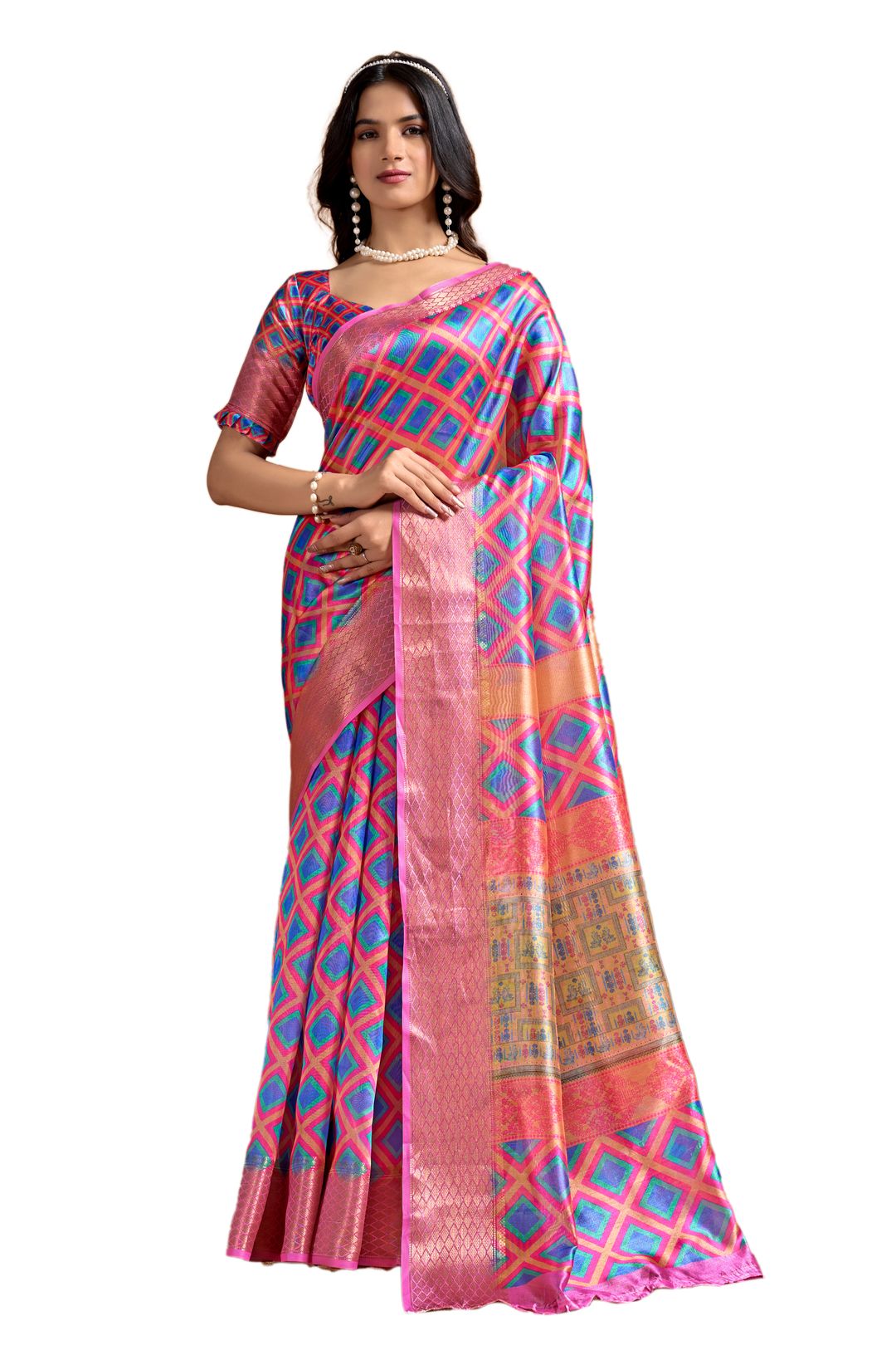 Pink Multicolor Geometric Print Linen Cotton Saree