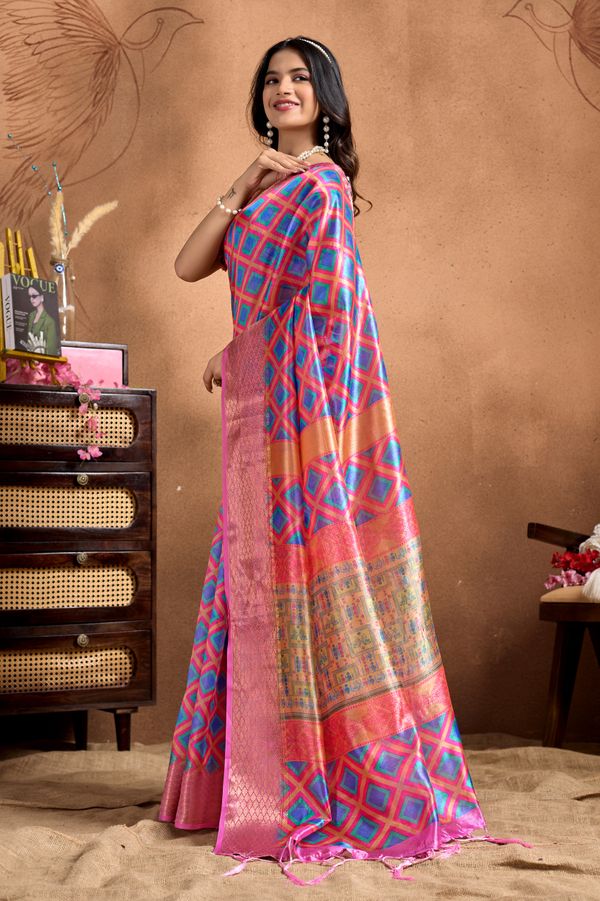 Pink Multicolor Geometric Print Linen Cotton Saree
