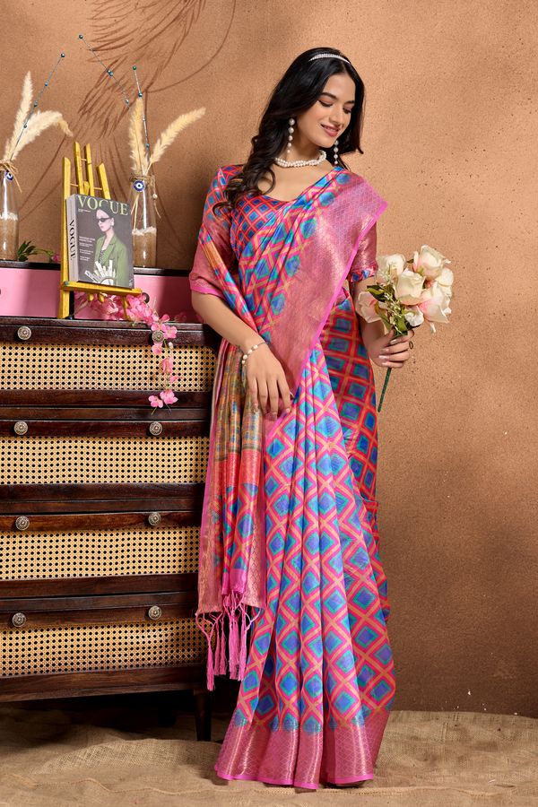 Pink Multicolor Geometric Print Linen Cotton Saree