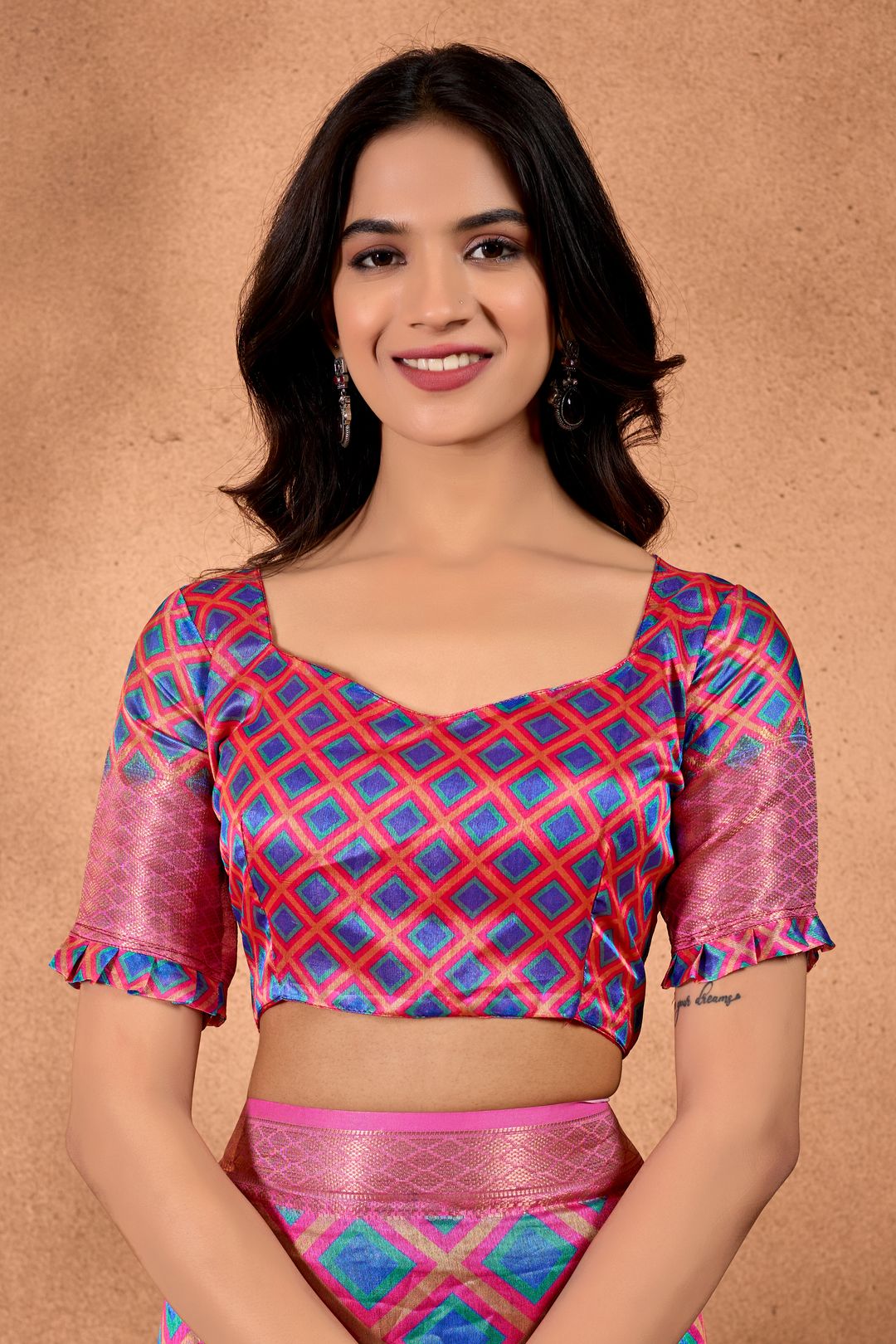 Pink Multicolor Geometric Print Linen Cotton Saree