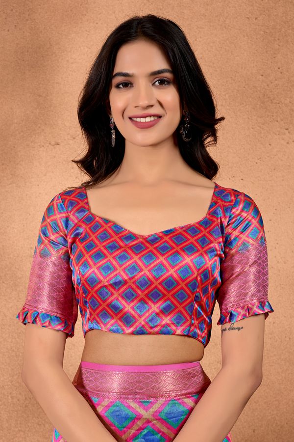 Pink Multicolor Geometric Print Linen Cotton Saree