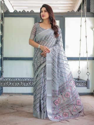 Silver Grey Printed Linen Cotton Saree with Geometric Pallu