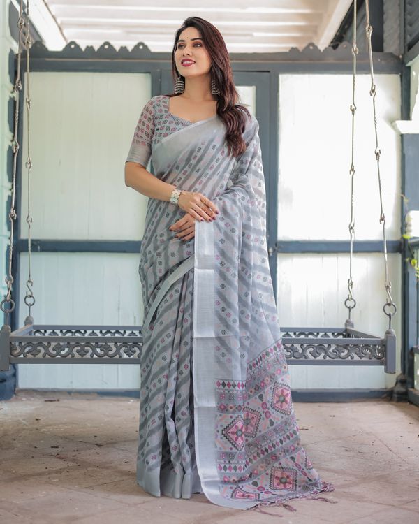 Silver Grey Printed Linen Cotton Saree with Geometric Pallu