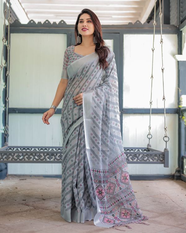 Silver Grey Printed Linen Cotton Saree with Geometric Pallu