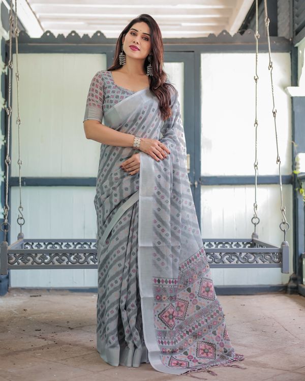 Silver Grey Printed Linen Cotton Saree with Geometric Pallu