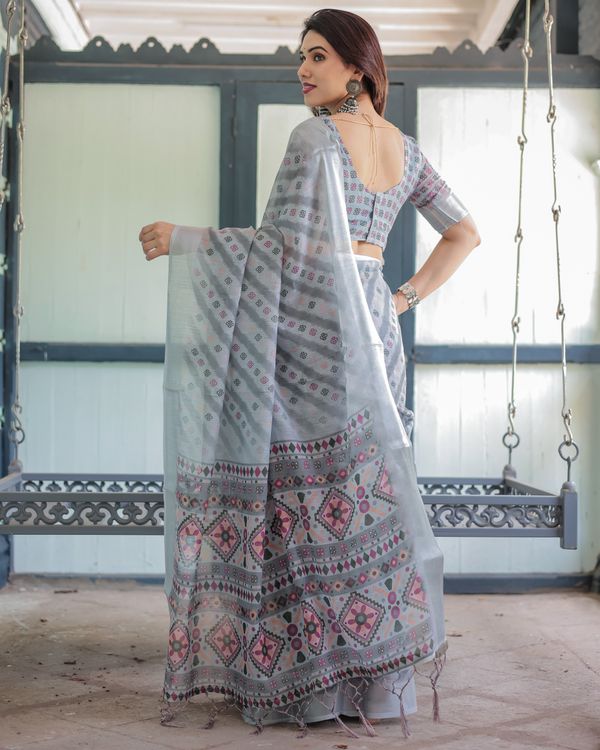 Silver Grey Printed Linen Cotton Saree with Geometric Pallu