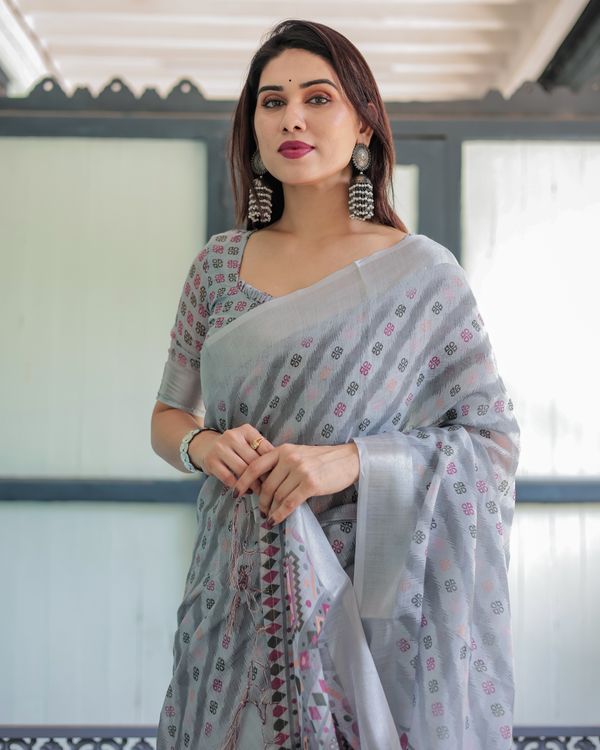 Silver Grey Printed Linen Cotton Saree with Geometric Pallu