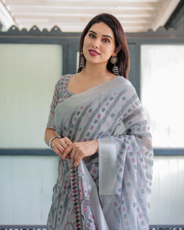 Silver Grey Printed Linen Cotton Saree with Geometric Pallu