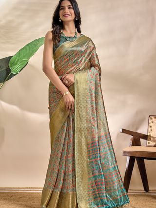 Artistic Parrot Print Soft Silk Blend Saree