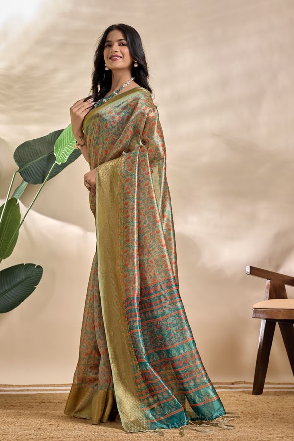 Artistic Parrot Print Soft Silk Blend Saree