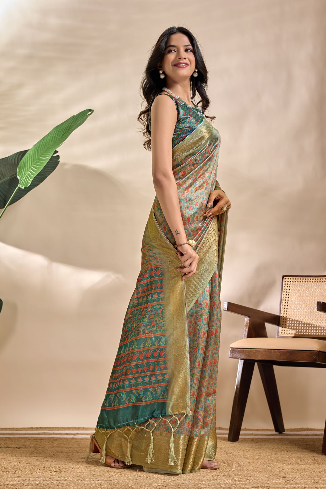 Artistic Parrot Print Soft Silk Blend Saree