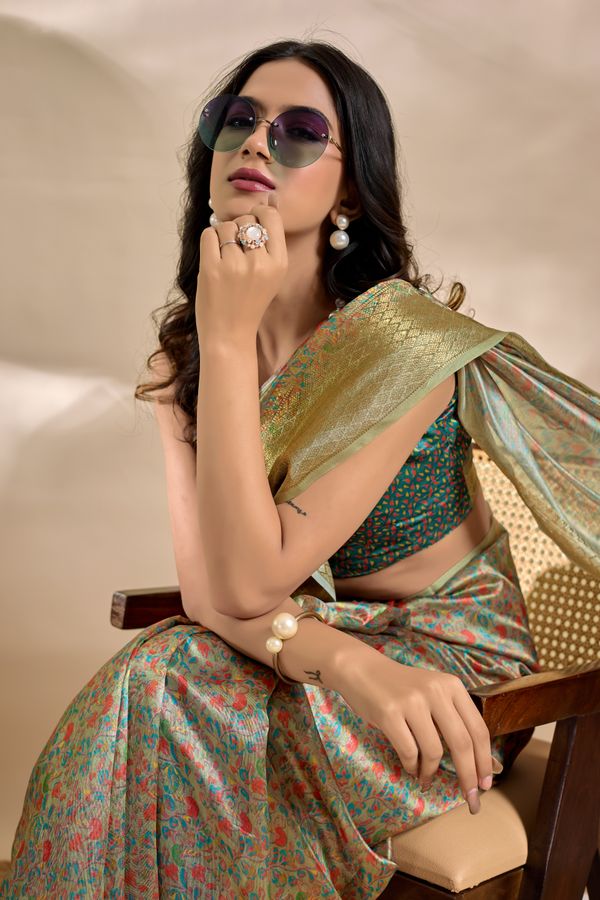 Artistic Parrot Print Soft Silk Blend Saree