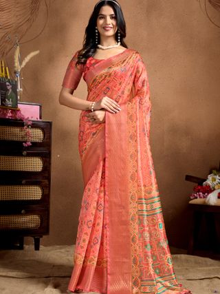 Coral Pink Geometric Soft Silk Blend Saree