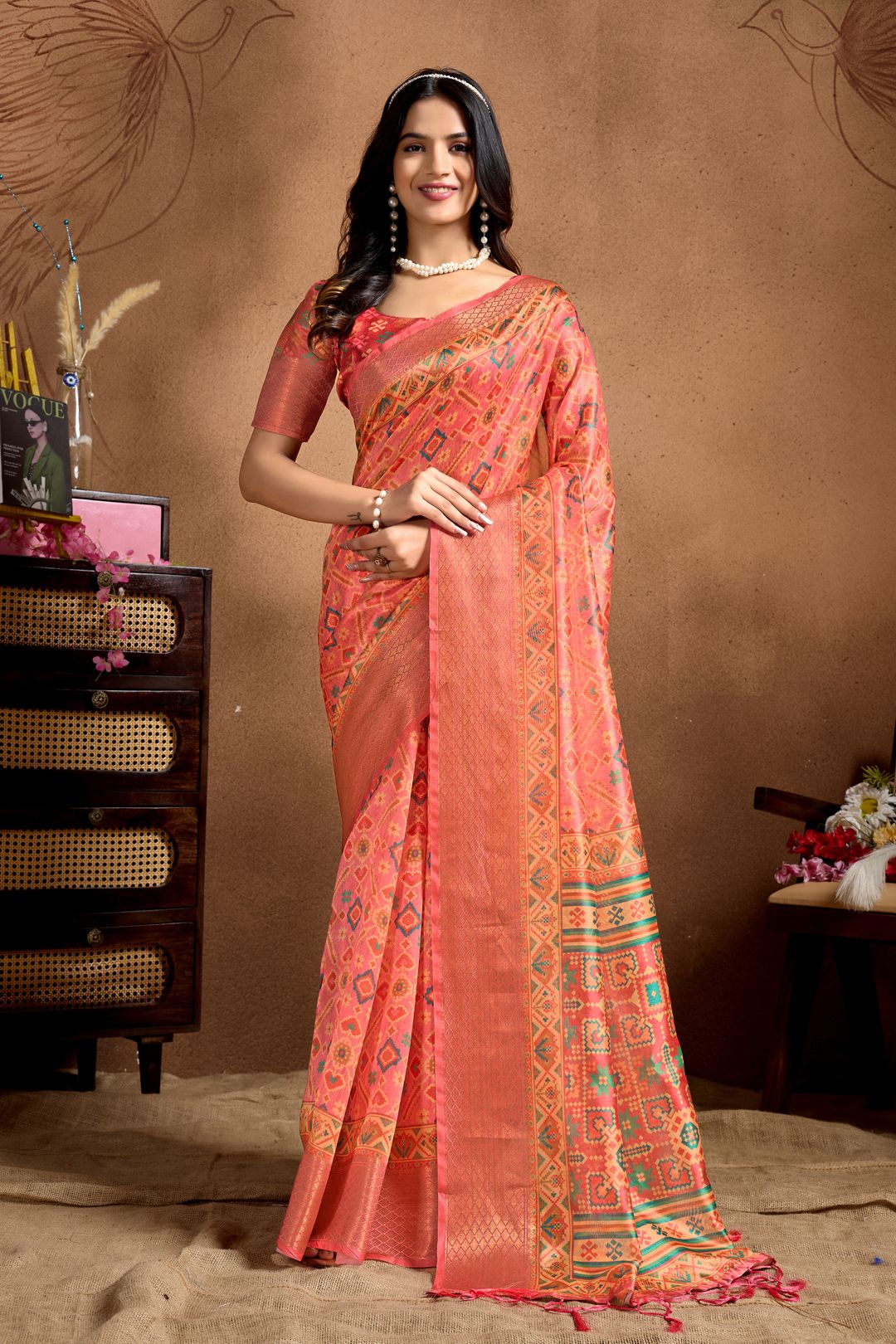 Coral Pink Geometric Soft Silk Blend Saree