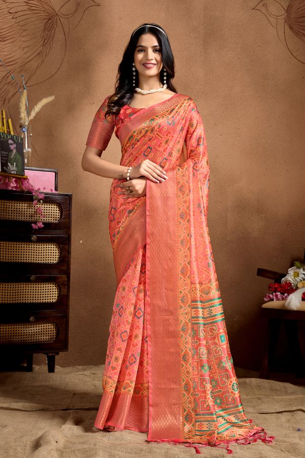 Coral Pink Geometric Soft Silk Blend Saree