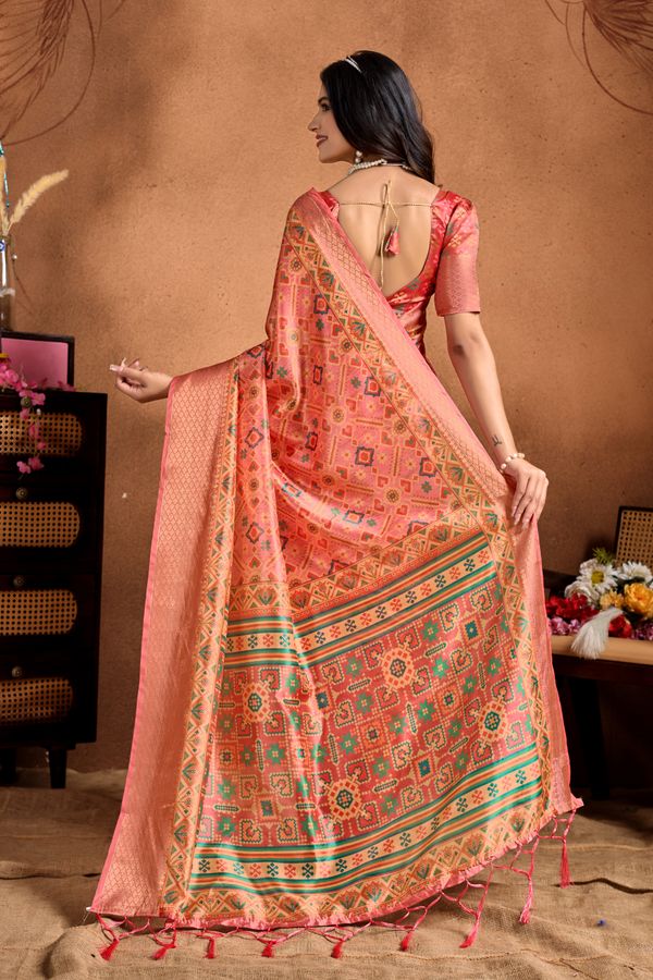 Coral Pink Geometric Soft Silk Blend Saree