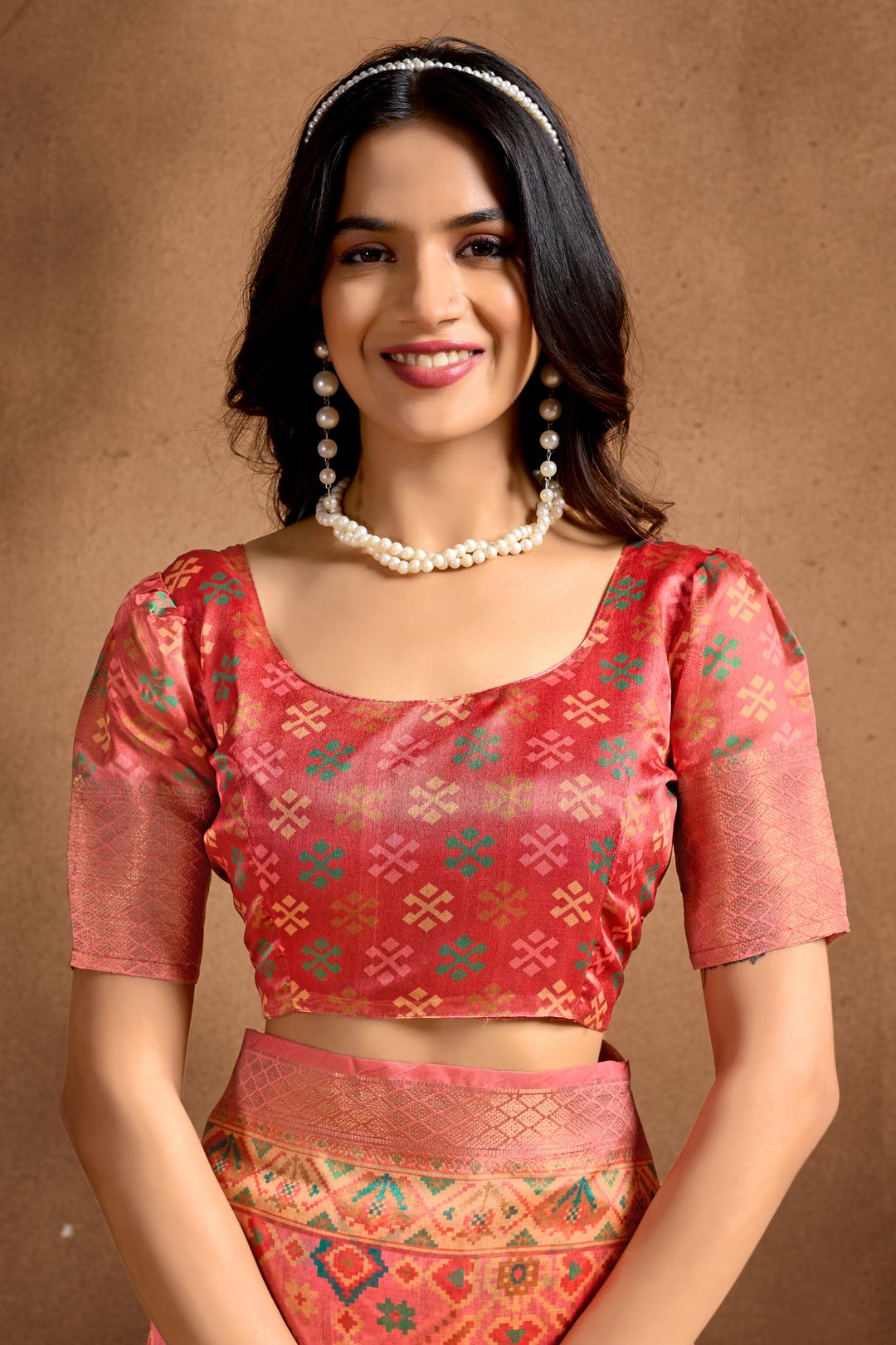 Coral Pink Geometric Soft Silk Blend Saree
