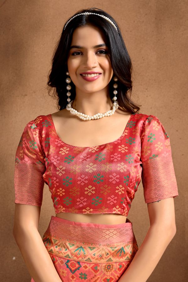 Coral Pink Geometric Soft Silk Blend Saree
