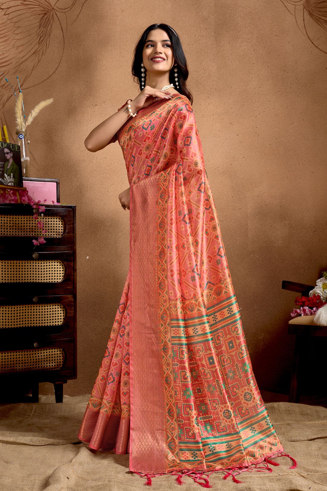 Coral Pink Geometric Soft Silk Blend Saree