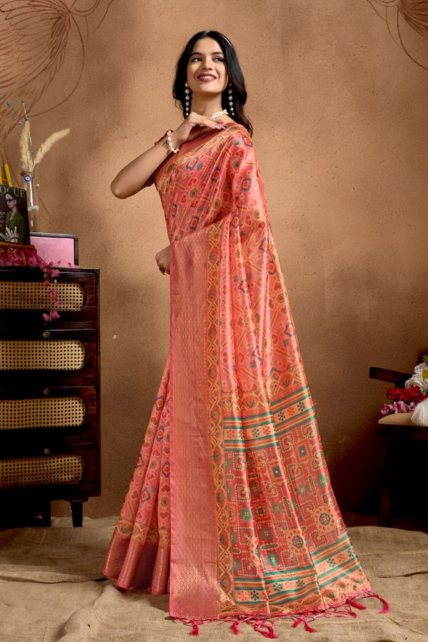 Coral Pink Geometric Soft Silk Blend Saree