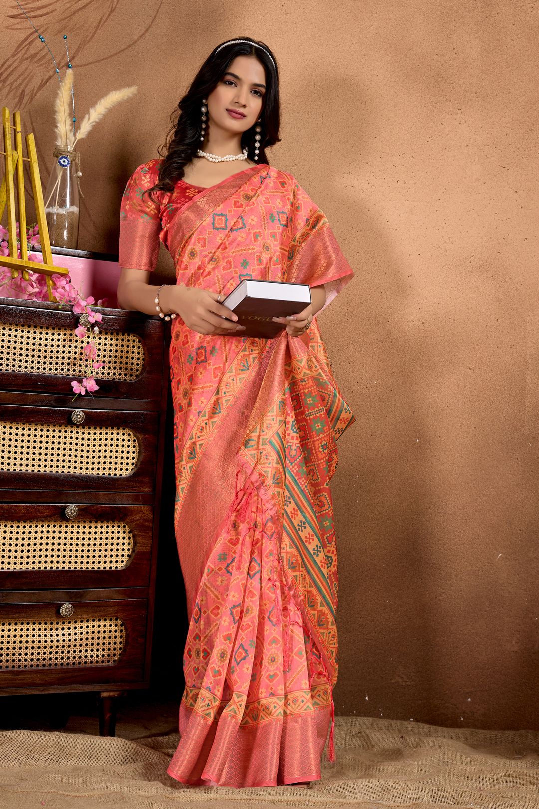 Coral Pink Geometric Soft Silk Blend Saree