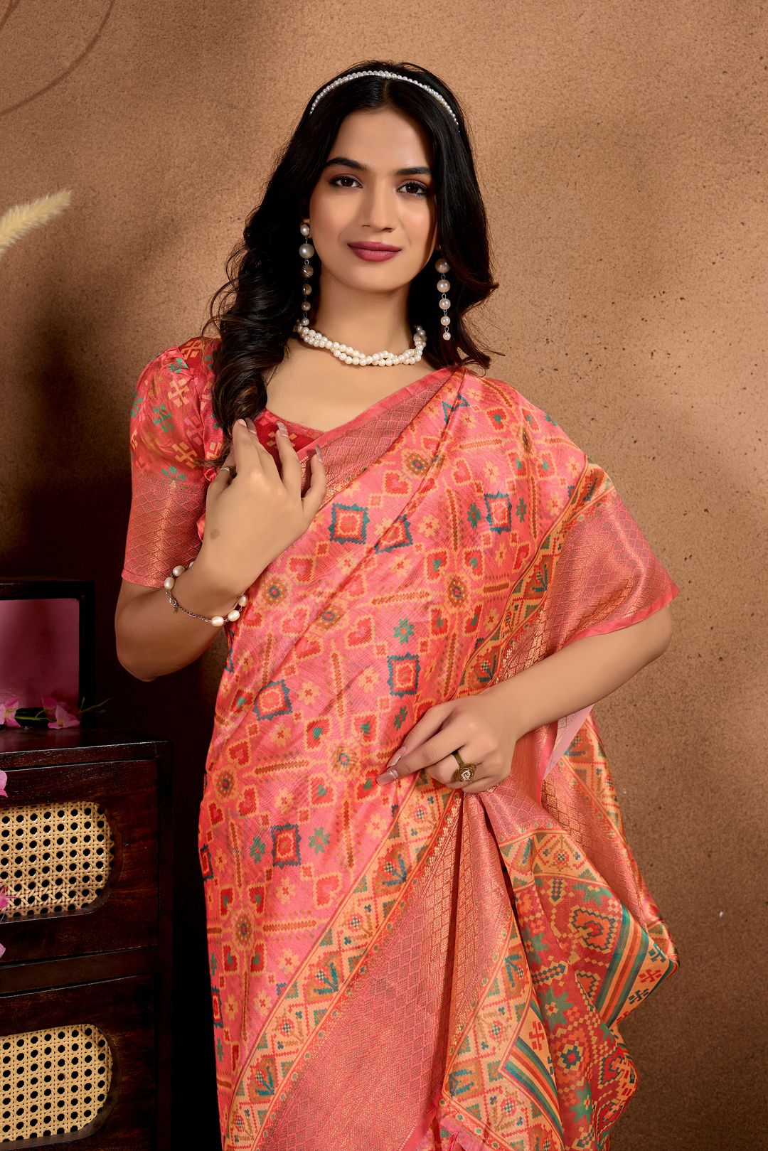 Coral Pink Geometric Soft Silk Blend Saree