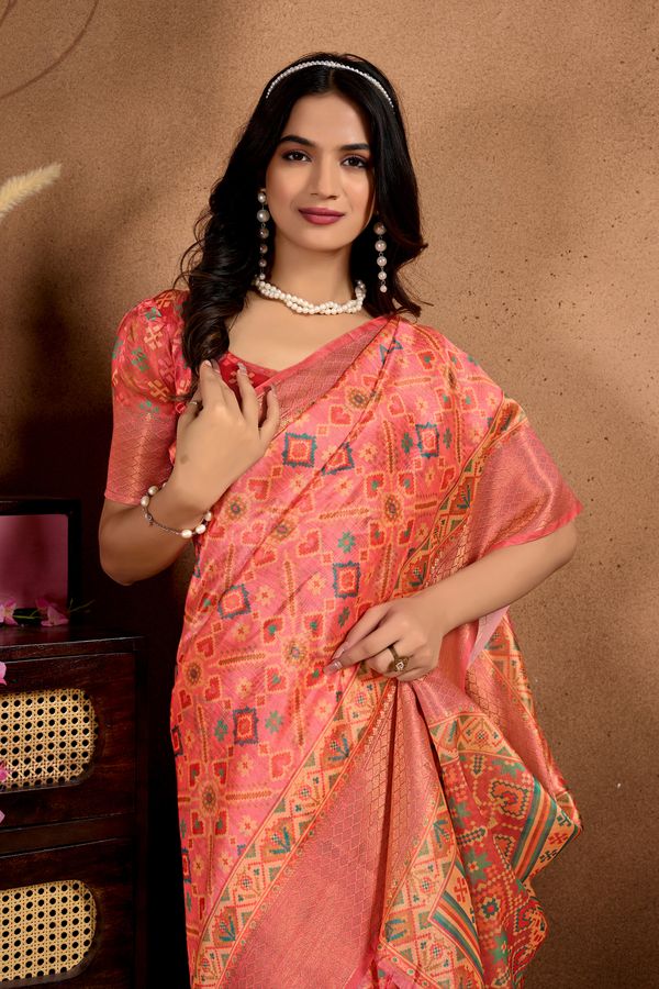 Coral Pink Geometric Soft Silk Blend Saree